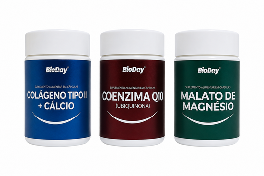 Kit Movimento 45+ – Colágeno Tipo II, Coenzima Q10 e Malato de Magnésio