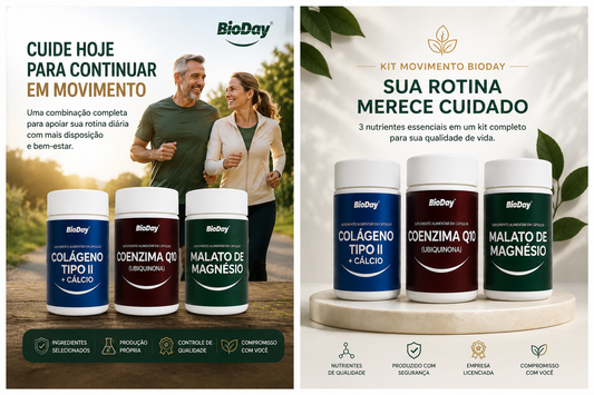 Kit Movimento 45+ – Colágeno Tipo II, Coenzima Q10 e Malato de Magnésio