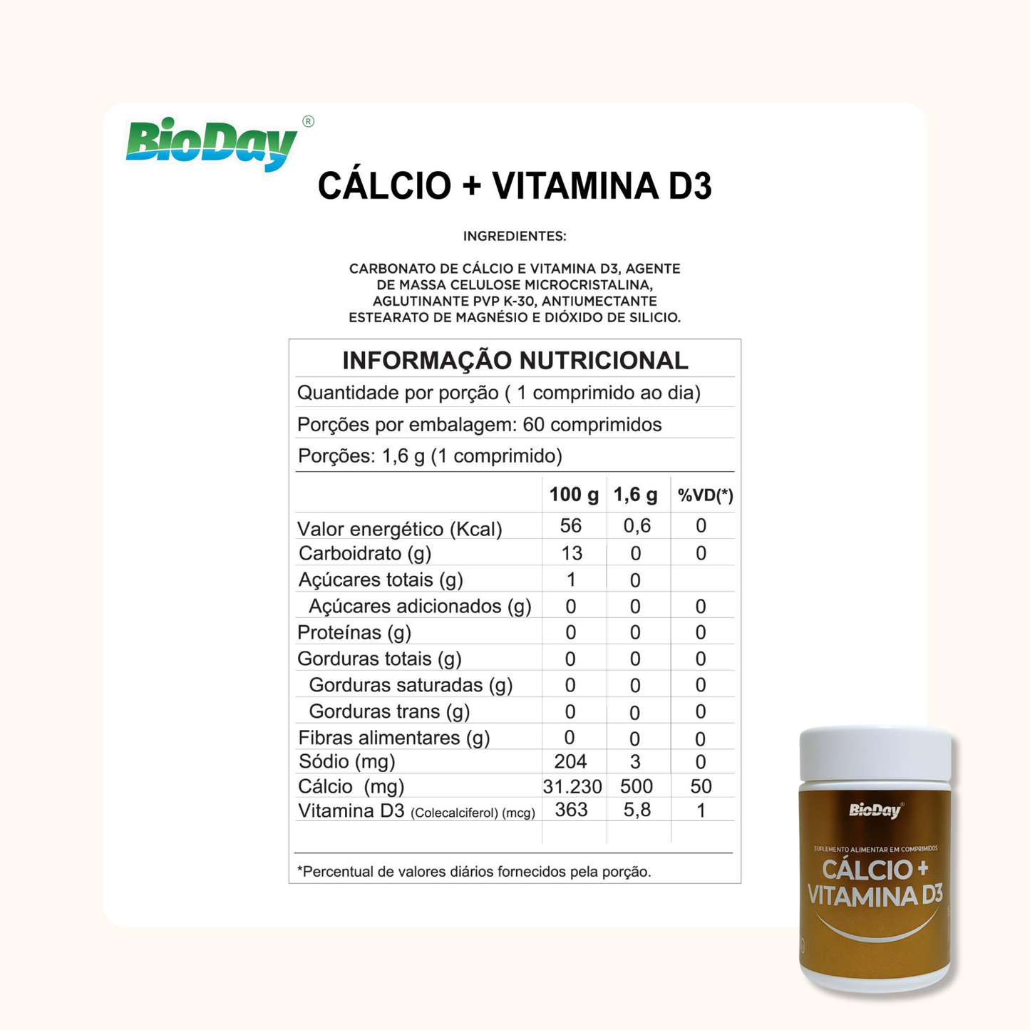 Cálcio + Vitamina D3 - 60 Comprimidos