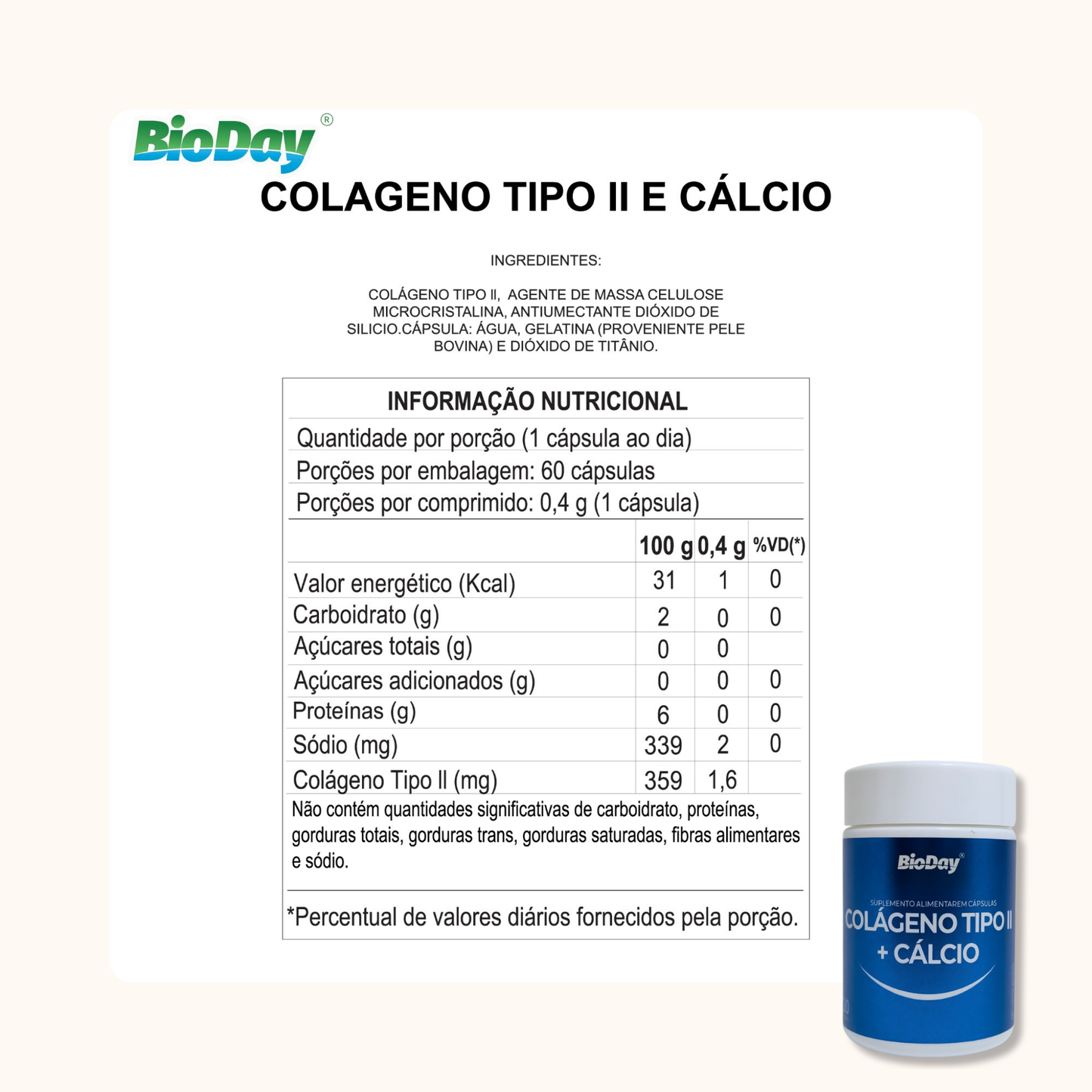 Colágeno Tipo 2 + Cálcio -  60 Cápsulas