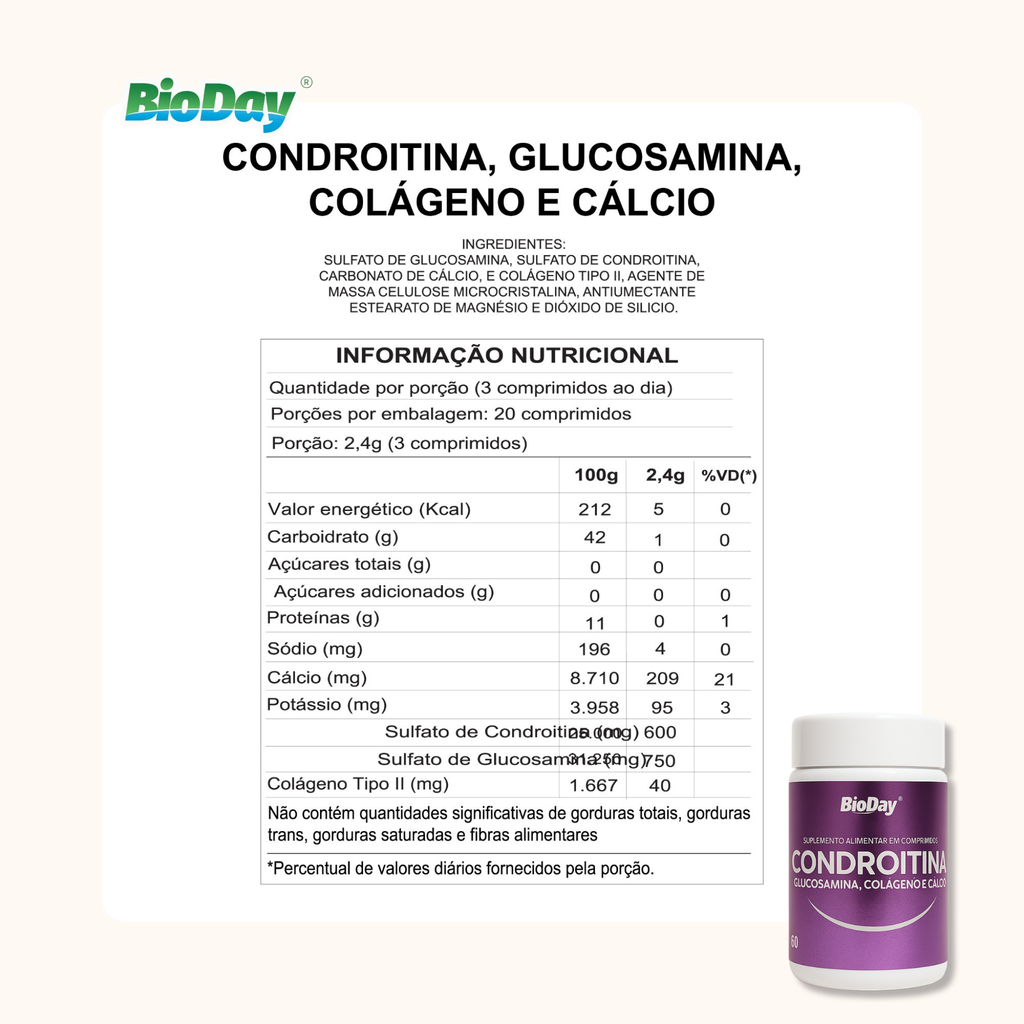 Condroitina + Glucosamina + Colágeno + Cálcio - 60 Comprimidos
