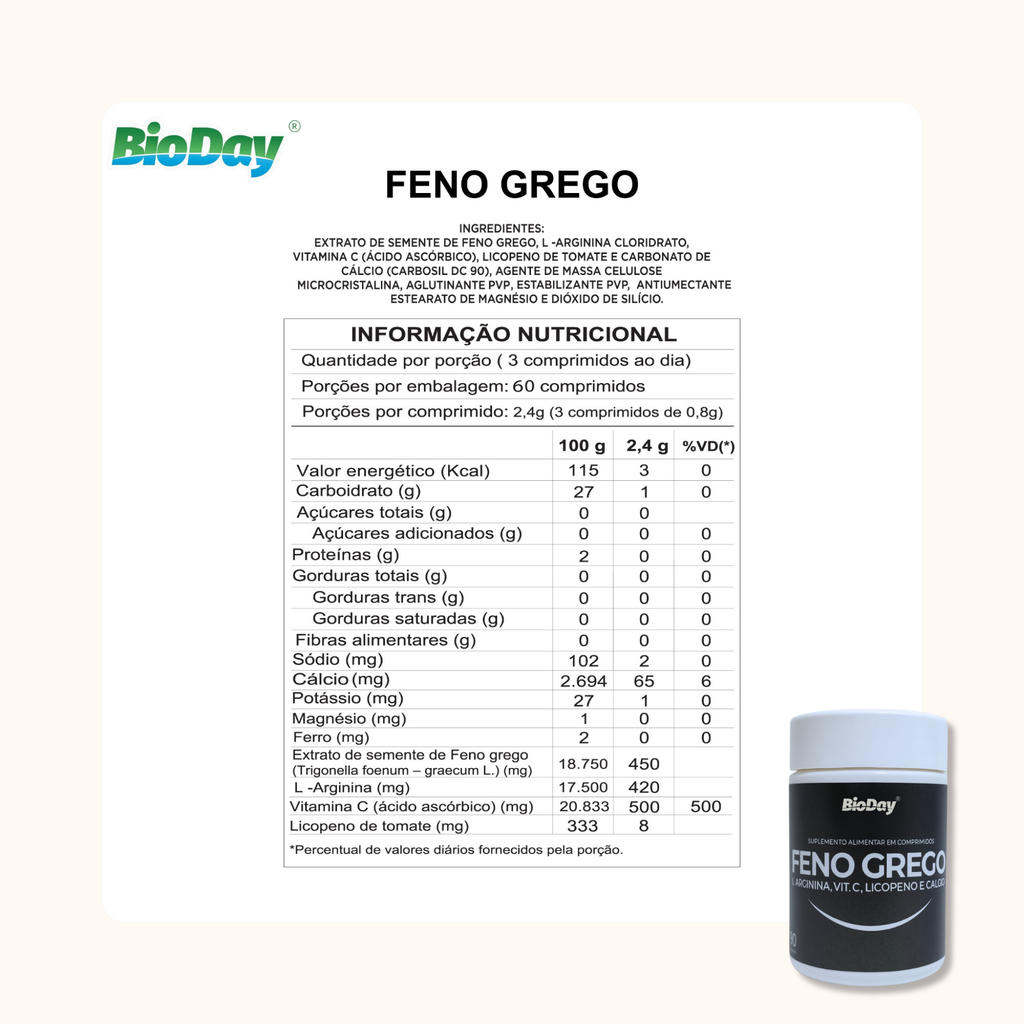 Feno Grego + L-arginina + Licopeno + Vitamina C + Cálcio - 60 Comprimidos