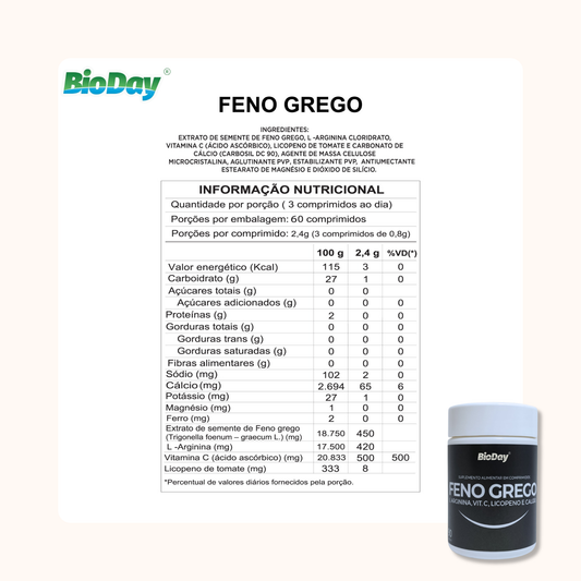 Kit Feno Grego + L-arginina + Licopeno + Vitamina C + Cálcio - 2 Unidades - 120 Comprimidos