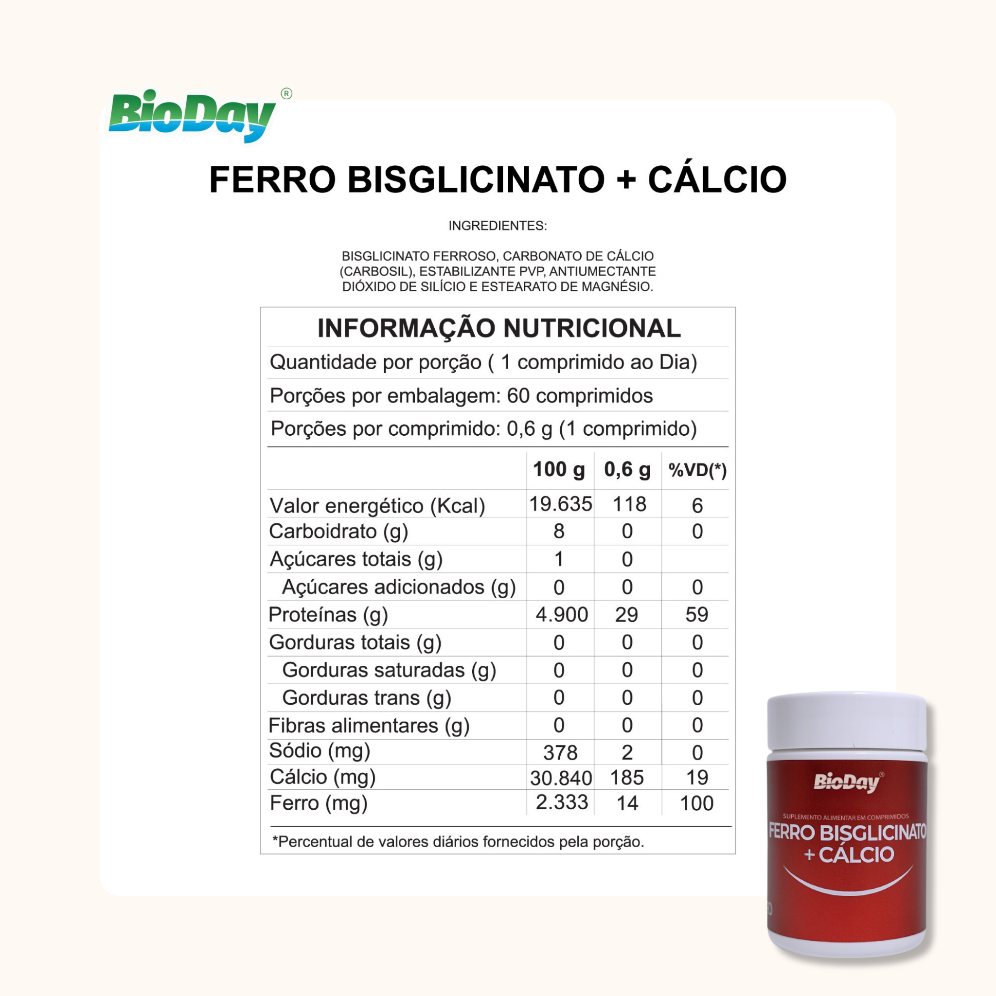 Ferro Bisglicinato + Cálcio - 60 Comprimidos