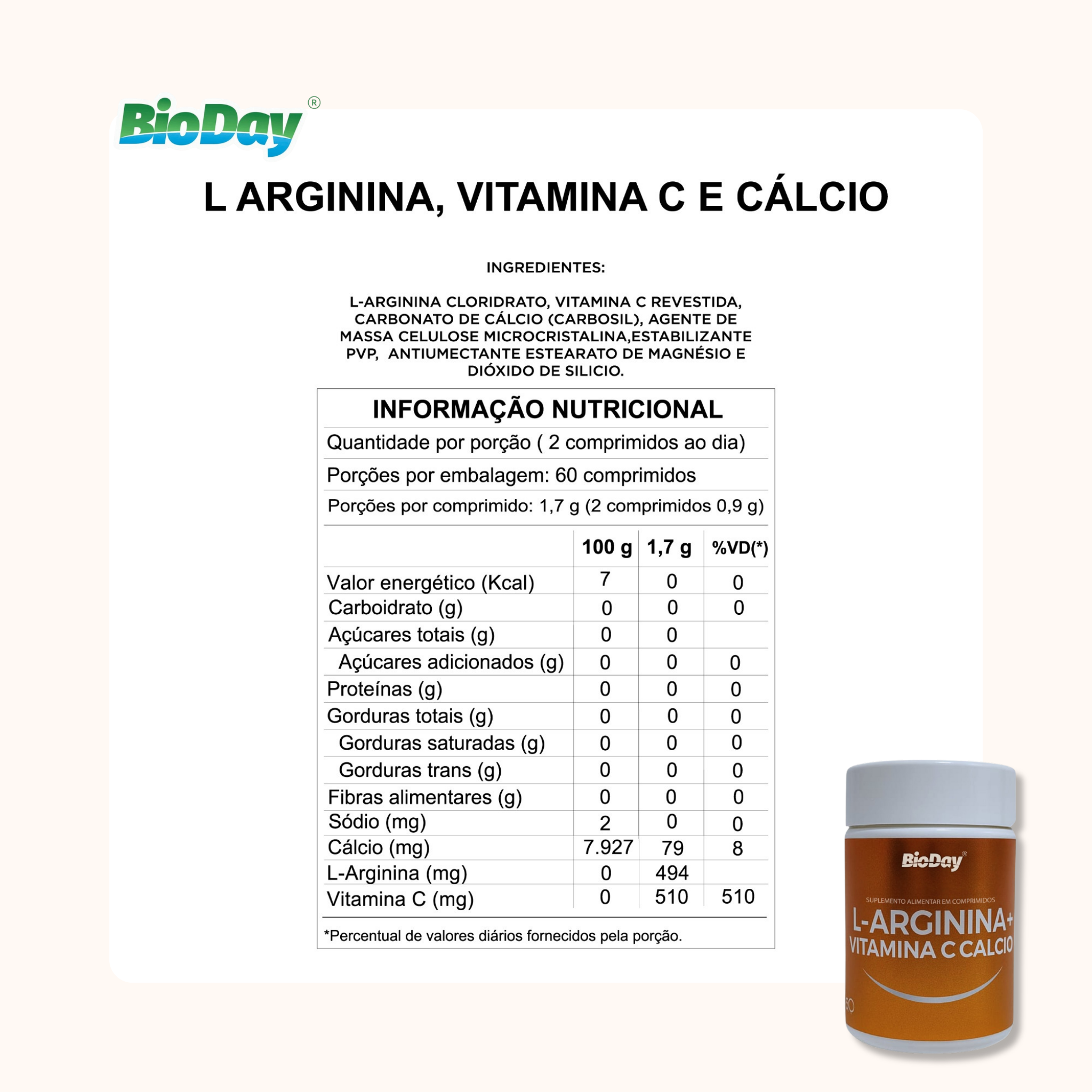 L-Arginina + Vitamina C + Cálcio - 60 Comprimidos