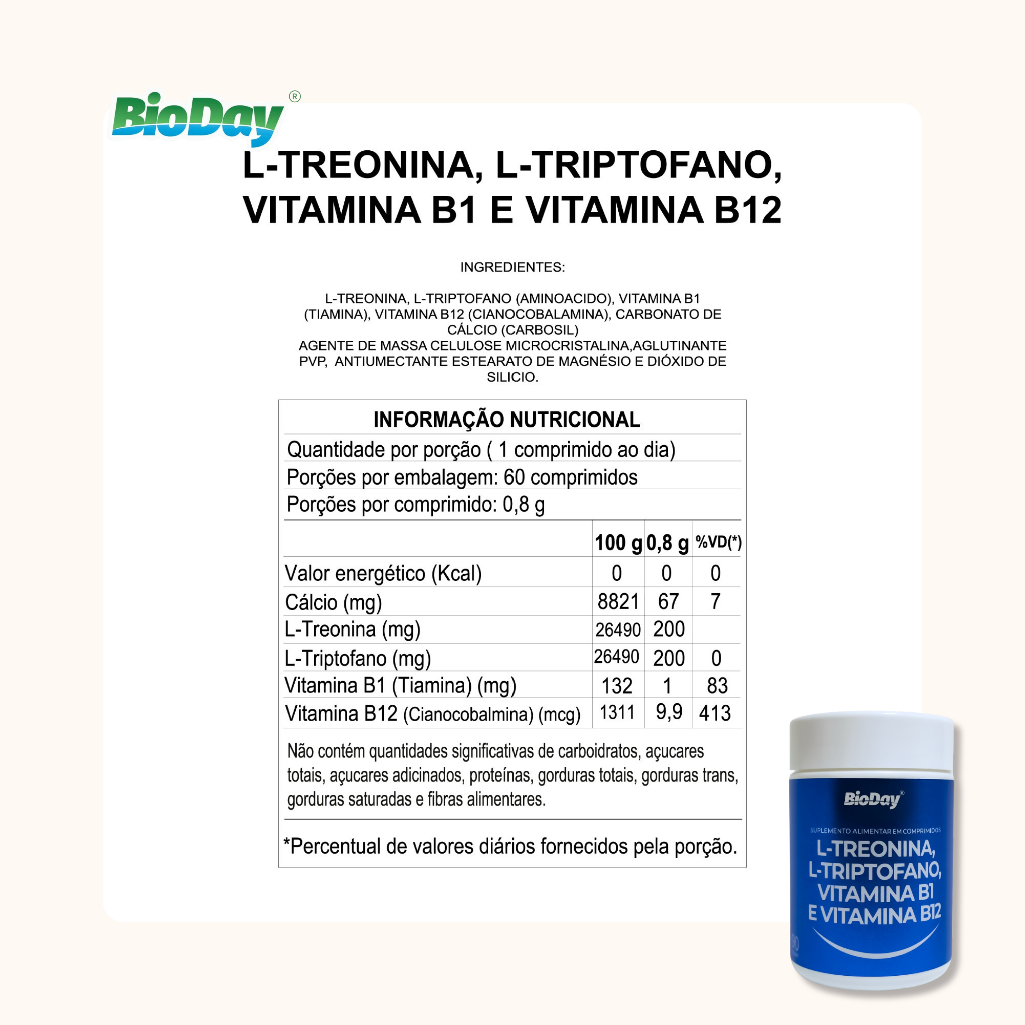 L-Treonina + L-Triptofano + Vitamina B1 + Vitamina 12 - 60 Comprimidos