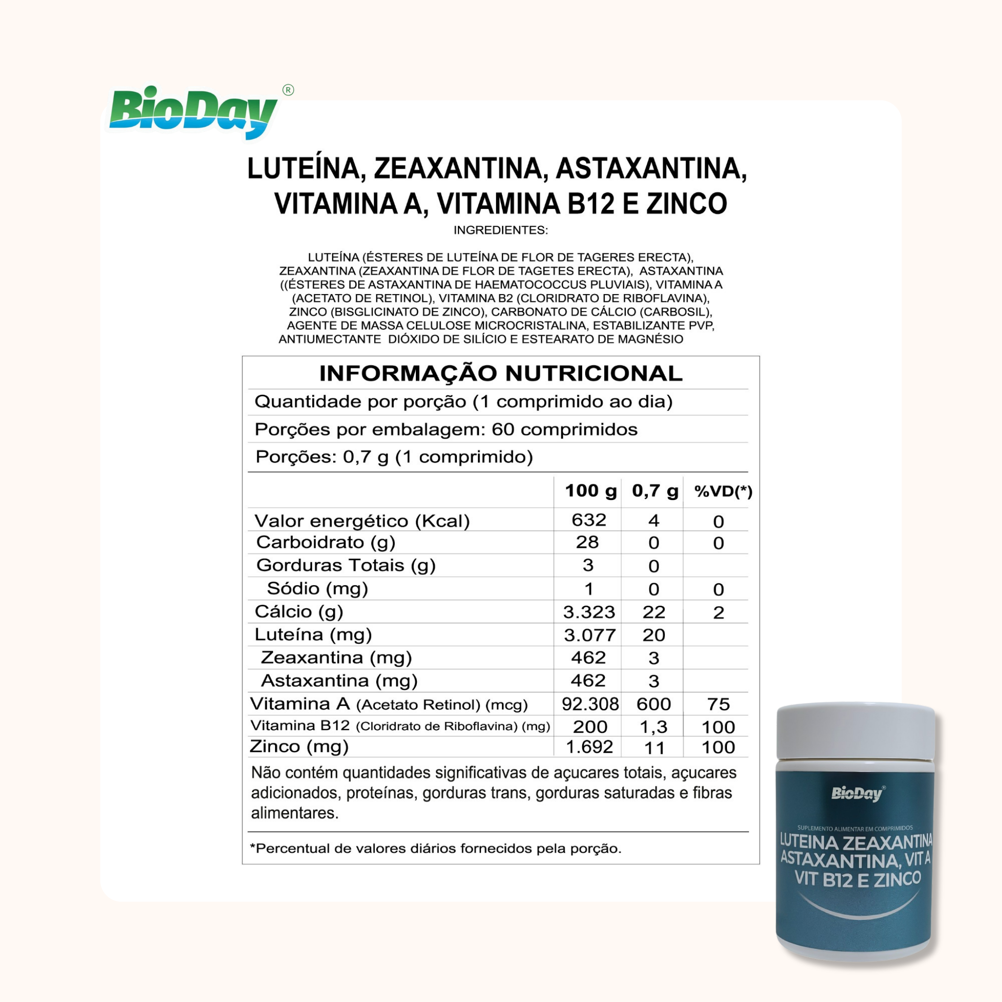 Luteína + Zeaxantina + Astaxantina + Vitamina A + Vitamina B12 + Zinco - 60 Comprimidos
