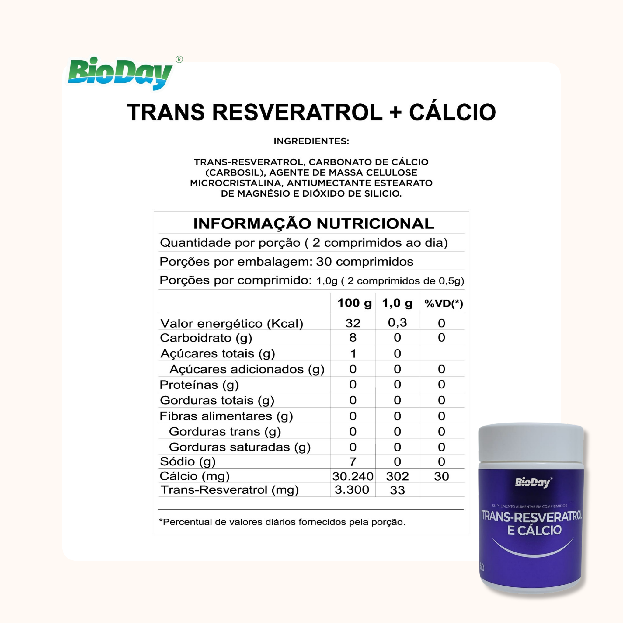 Trans-resveratrol + Cálcio - 60 Comprimidos