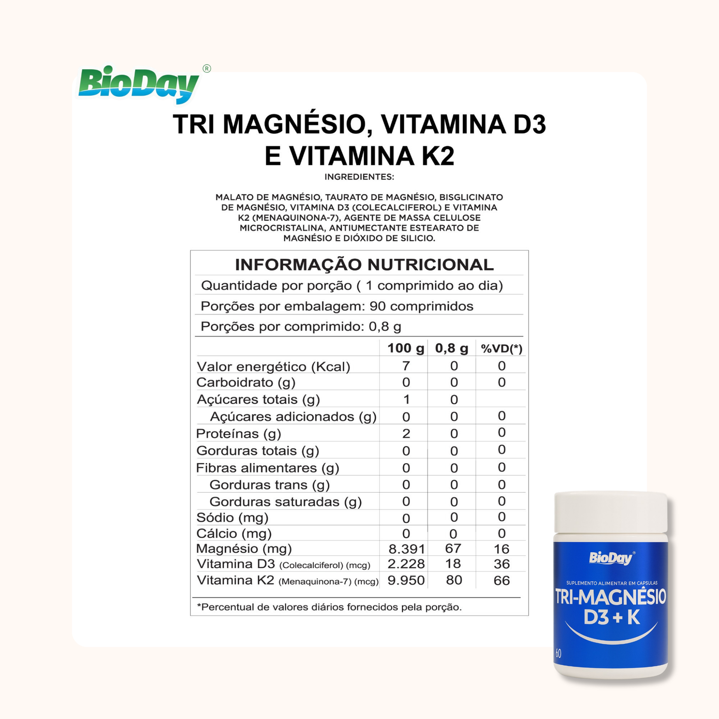 Tri Magnésio + Vitamina D3 e K2 - 60 Comprimidos