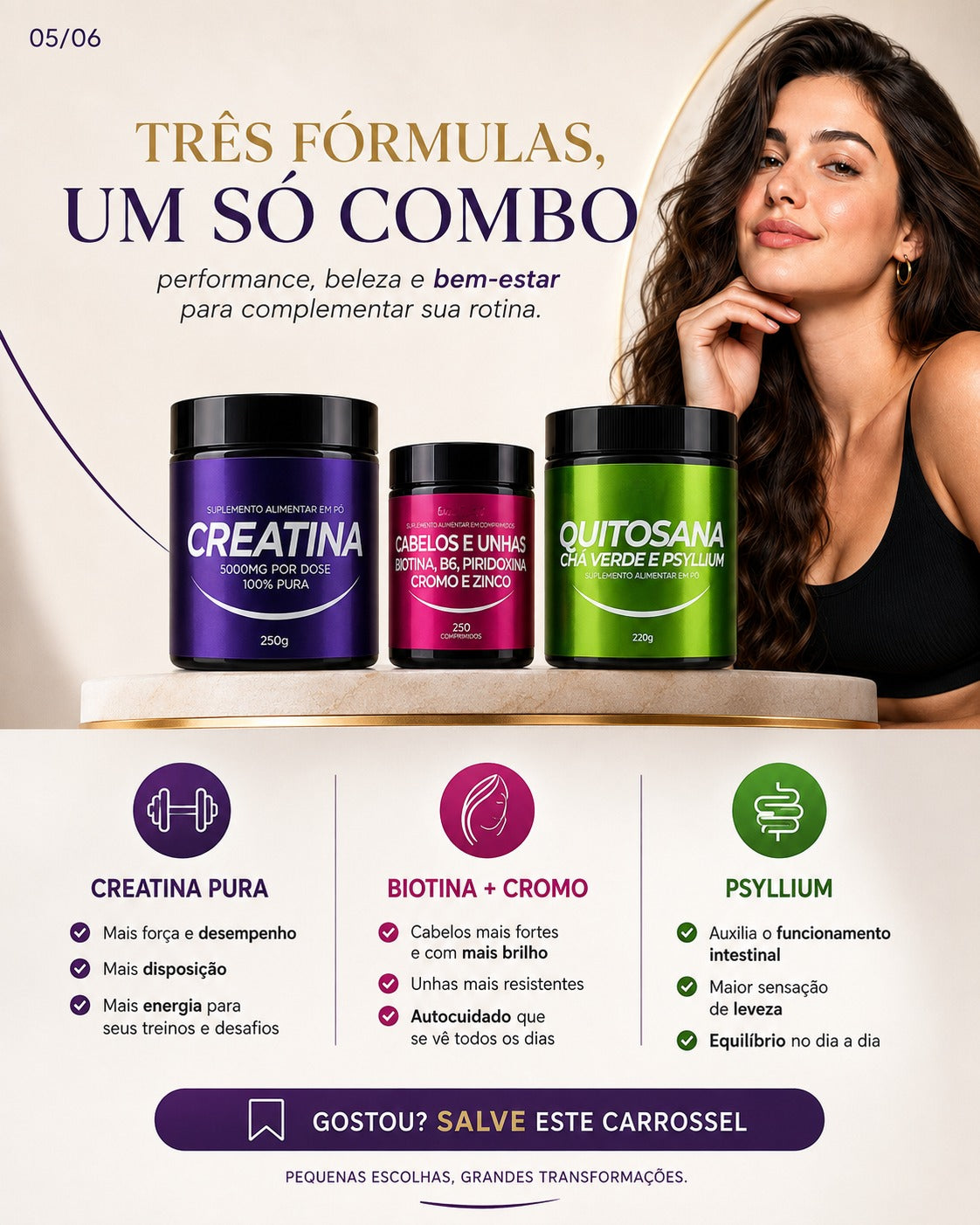 Kit Creatina 250g + Cabelos e Unhas + Quitosana, Chá Verde e Psyllium