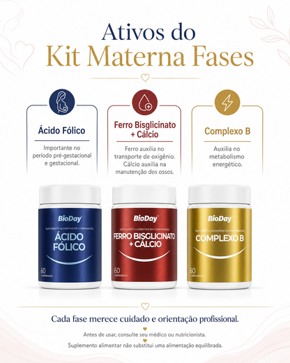 Kit Materna Fases BioDay – Ácido Fólico + Ferro com Cálcio + Complexo B